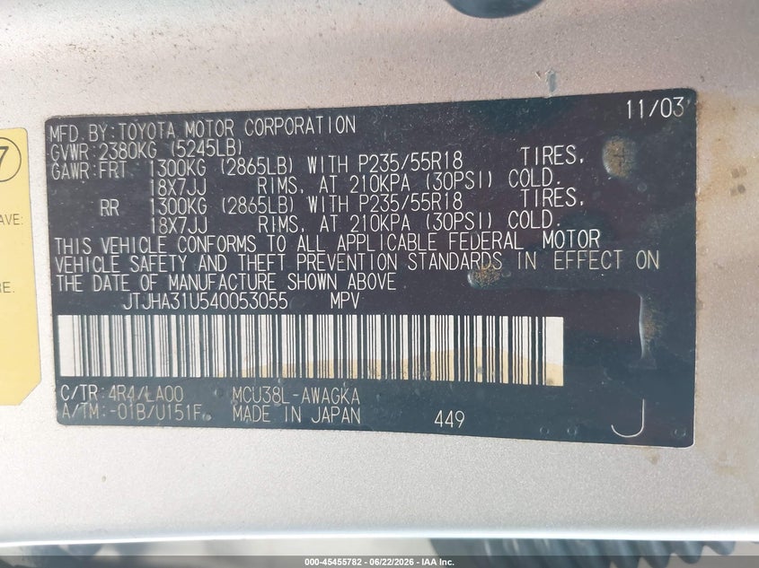 2004 Lexus Rx VIN JTJHA31U540053055 IAAI salvage auction — NORMAL WEAR, Clear (Florida), sold $1,275 on 2026-07-24 (photo 9)