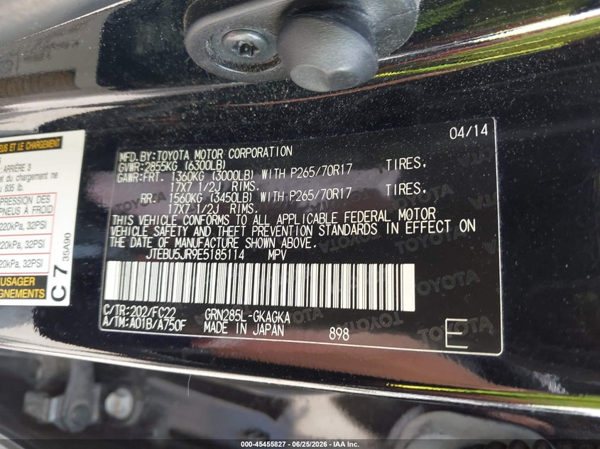 2014 Toyota 4runner VIN JTEBU5JR9E5185114 IAAI salvage auction — FRONT END, Salvage - Greater Than 75% (Maryland), sold $8,275 on 2026-07-31 (photo 9)