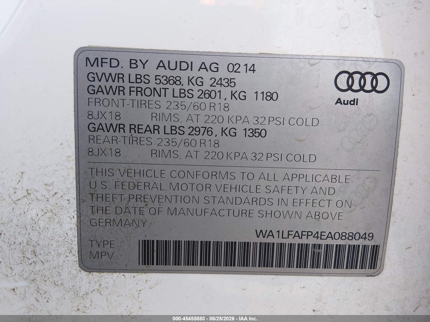 2014 Audi Q5 VIN WA1LFAFP4EA088049 IAAI salvage auction — FRONT END, Wait Title, sold $3,550 on 2026-08-07 (photo 9)
