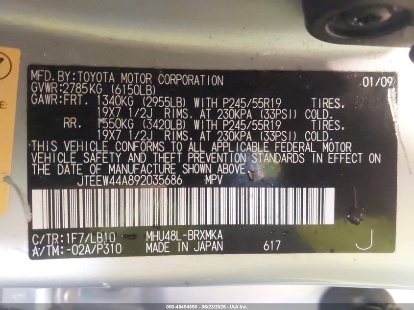 2009 Toyota Highlander hybrid VIN JTEEW44A892035686 IAAI salvage auction — FRONT END, Salvage - Greater Than 75% (Maryland), sold $625 on 2026-07-09 (photo 9)