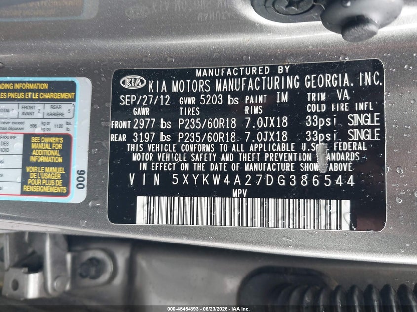 2013 Kia Sorento VIN 5XYKW4A27DG386544 IAAI salvage auction — LEFT REAR, Salvage Title, sold $1,600 on 2026-07-21 (photo 9)