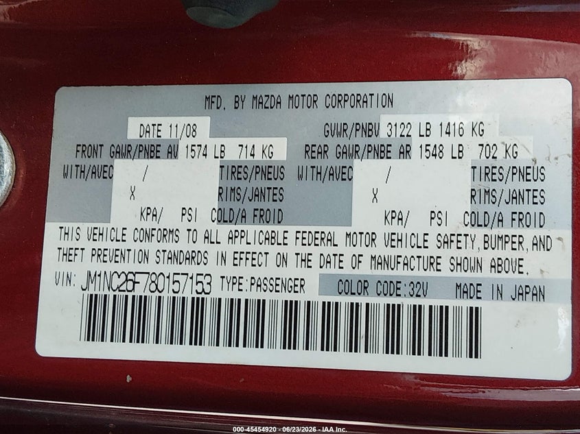 2008 Mazda Mx-5 VIN JM1NC26F780157153 IAAI salvage auction — SIDE, Rebuildable (Florida), sold $1,525 on 2026-07-27 (photo 9)
