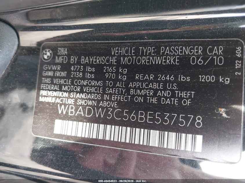 2011 BMW 3 series VIN WBADW3C56BE537578 IAAI salvage auction — REAR END, Salvage (Texas), sold $1,150 on 2026-07-29 (photo 9)