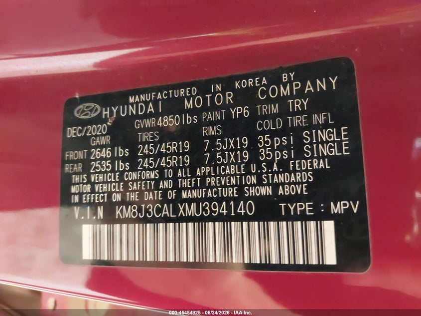 2021 Hyundai Tucson VIN KM8J3CALXMU394140 IAAI salvage auction — FRONT END, Scrap (Michigan), sold $1,750 on 2026-07-28 (photo 9)