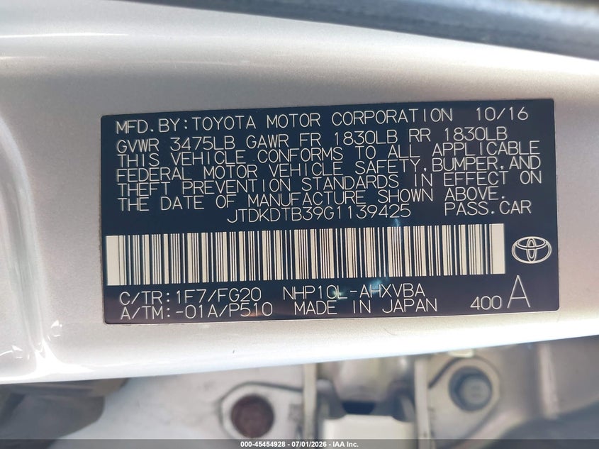 2016 Toyota Prius c VIN JTDKDTB39G1139425 IAAI salvage auction — FRONT END, Wait Title, sold $2,900 on 2026-08-02 (photo 9)