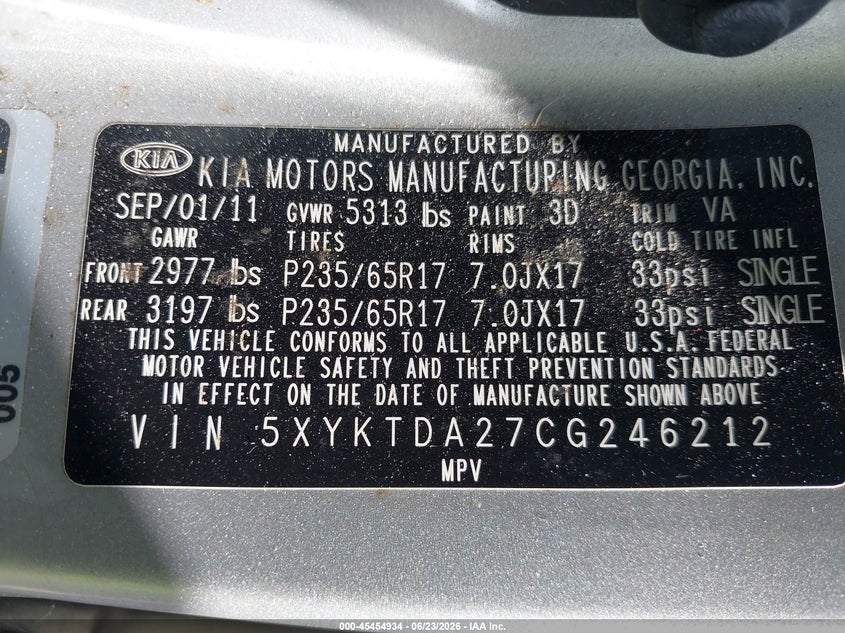 2012 Kia Sorento VIN 5XYKTDA27CG246212 IAAI salvage auction — REAR END, Salvage (California), sold $675 on 2026-07-08 (photo 9)