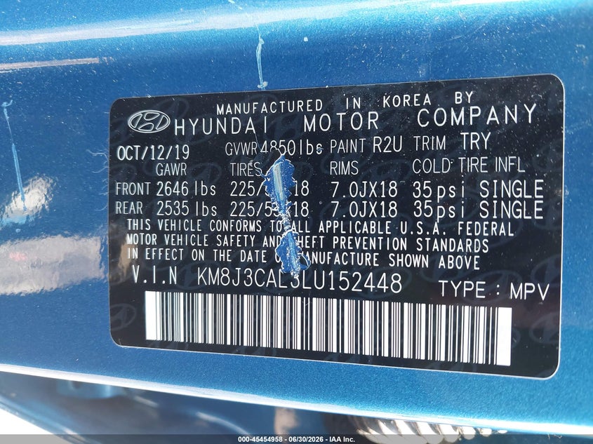 2020 Hyundai Tucson VIN KM8J3CAL3LU152448 IAAI salvage auction — FRONT END, Salvage Title, sold $2,950 on 2026-07-21 (photo 9)