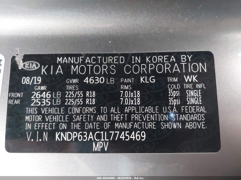 2020 Kia Sportage VIN KNDP63AC1L7745469 IAAI salvage auction — RIGHT REAR, Salvage Title, sold $4,150 on 2026-07-22 (photo 9)