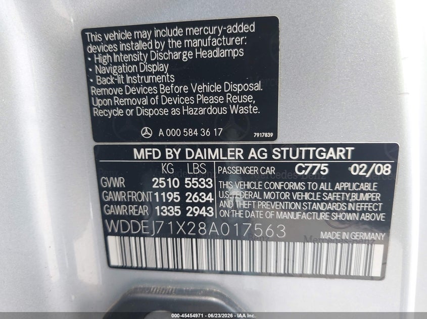 2008 Mercedes-benz Cl-class VIN WDDEJ71X28A017563 IAAI salvage auction — NORMAL WEAR, Original (Texas), sold $2,500 on 2026-07-15 (photo 9)