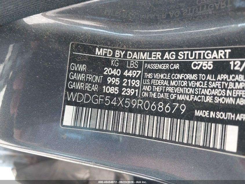 2009 Mercedes-benz C-klasse VIN WDDGF54X59R068679 IAAI salvage auction — REAR END, Salvage (North Carolina), sold $450 on 2026-08-07 (photo 9)