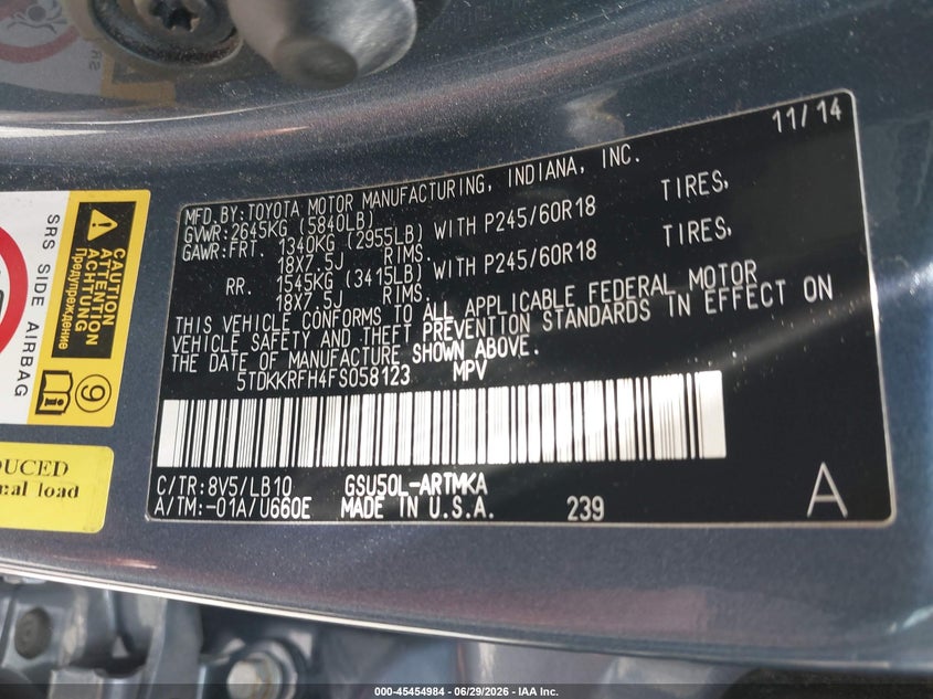 2015 Toyota Highlander VIN 5TDKKRFH4FS058123 IAAI salvage auction — FRONT END, Salvage (Texas), sold $7,600 on 2026-07-09 (photo 9)