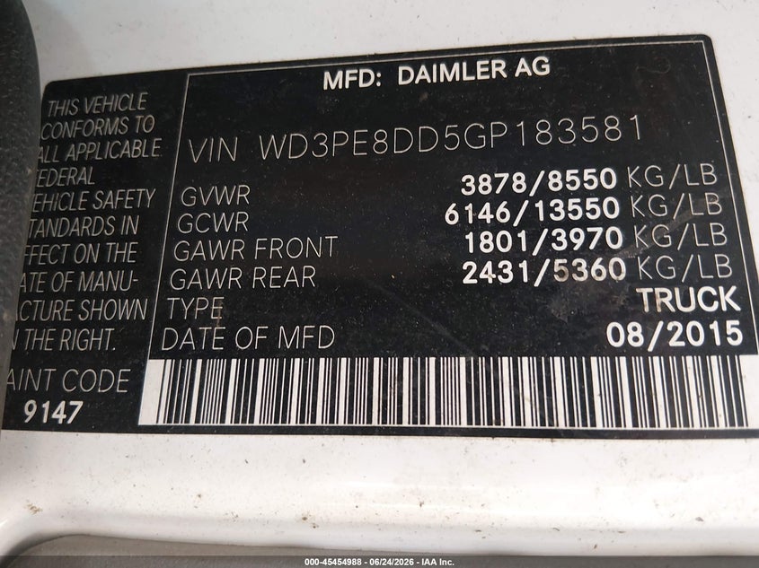 2016 Mercedes-benz Sprinter VIN WD3PE8DD5GP183581 IAAI salvage auction — NORMAL WEAR, Original (Ohio), sold $1,725 on 2026-07-30 (photo 9)