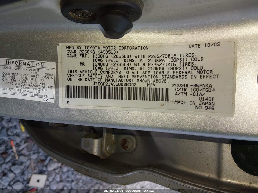 2003 Toyota Highlander VIN JTEGF21A330086002 IAAI salvage auction — NORMAL WEAR, Clear (Tennessee), sold $250 on 2026-07-16 (photo 9)