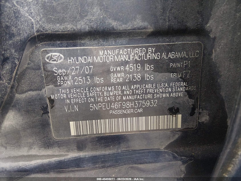 2008 Hyundai Sonata VIN 5NPEU46F98H375932 IAAI salvage auction — RIGHT FRONT, Salvage (South Carolina), sold $500 on 2026-07-29 (photo 9)