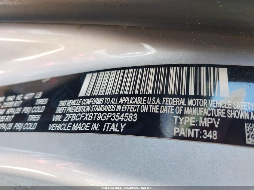 2016 Fiat 500x VIN ZFBCFXBT9GP354583 IAAI salvage auction — NORMAL WEAR, Clear (Virginia), sold $700 on 2026-07-27 (photo 9)