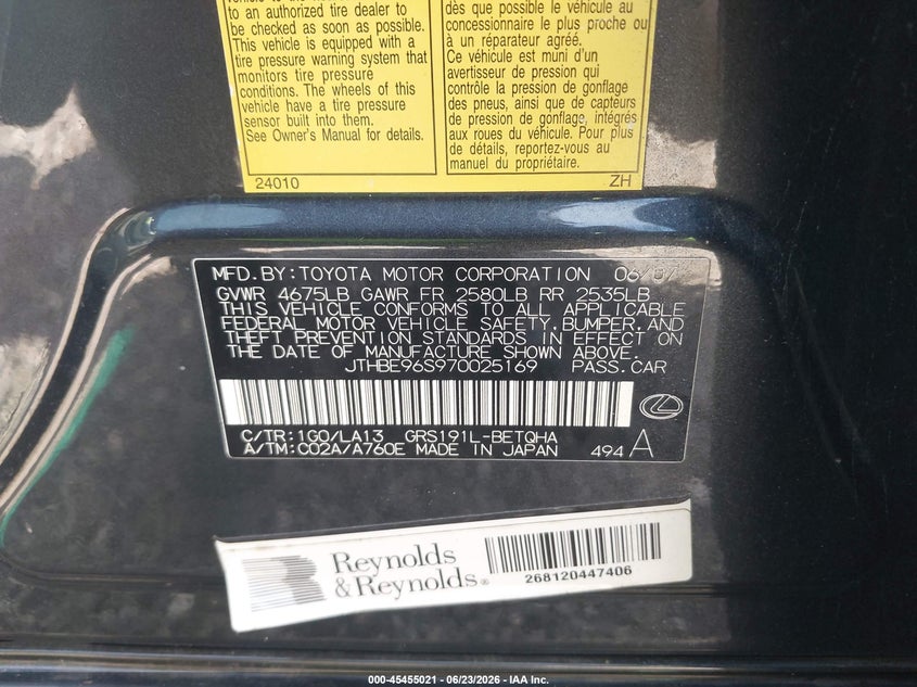 2007 Lexus Gs VIN JTHBE96S970025169 IAAI salvage auction — RIGHT FRONT, Salvage (Louisiana), sold $450 on 2026-07-22 (photo 9)