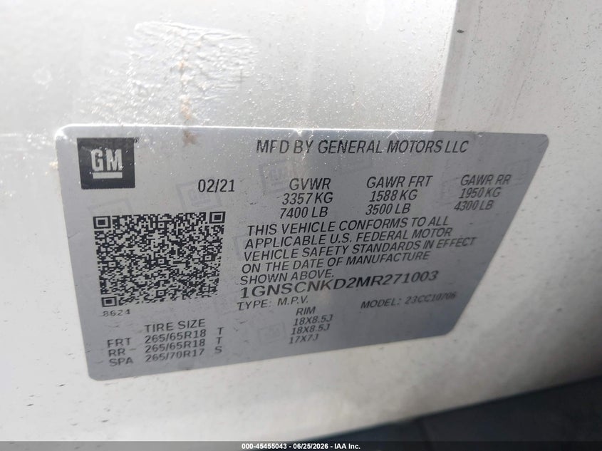 2021 Chevrolet Tahoe VIN 1GNSCNKD2MR271003 IAAI salvage auction — SIDE, Salvage (California), sold $16,500 on 2026-08-27 (photo 9)
