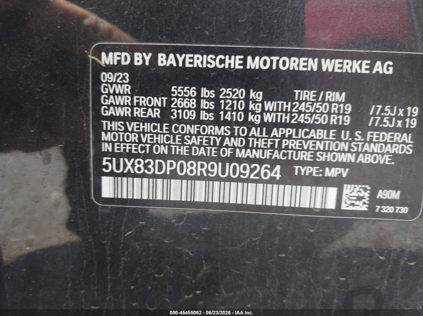 2024 BMW X3 VIN 5UX83DP08R9U09264 IAAI salvage auction — FRONT END, Salvage Title, sold $14,125 on 2026-08-01 (photo 9)