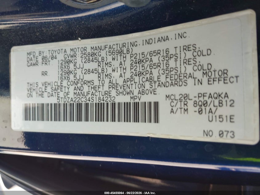 2004 Toyota Sienna VIN 5TDZA22C34S184232 IAAI salvage auction — NORMAL WEAR, Salvage Title - Dealer (California), sold $850 on 2026-07-13 (photo 9)