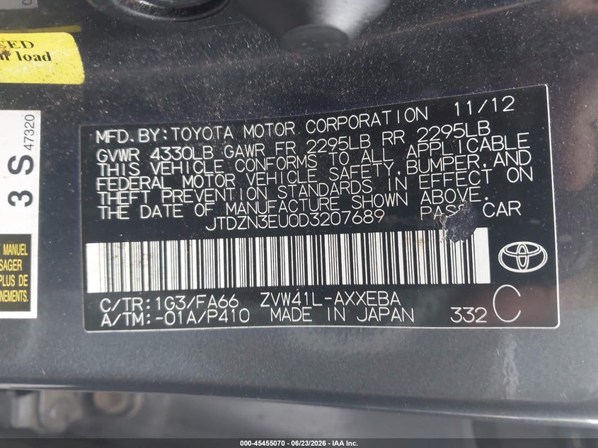 2013 Toyota Prius v VIN JTDZN3EU0D3207689 IAAI salvage auction — FRONT END, Salvage (Idaho), sold $1,025 on 2026-07-23 (photo 9)