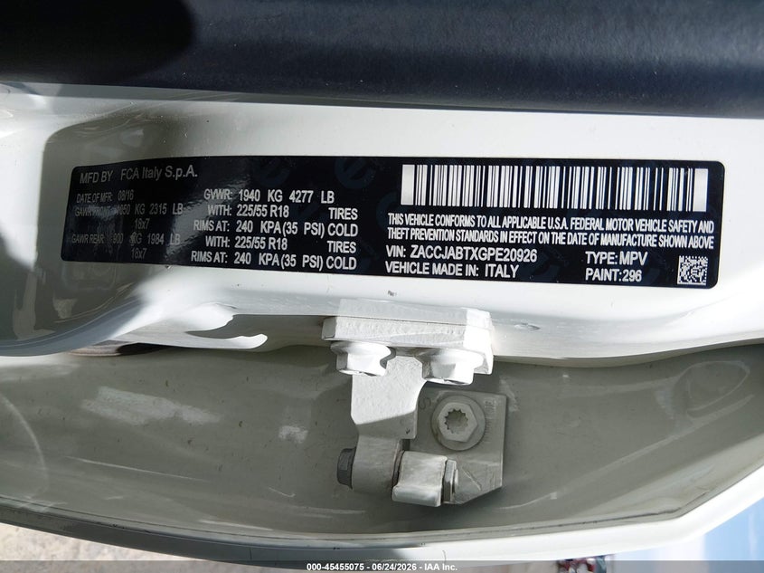 2016 Jeep Renegade VIN ZACCJABTXGPE20926 IAAI salvage auction — NORMAL WEAR, Original (Texas), sold $1,150 on 2026-07-08 (photo 9)
