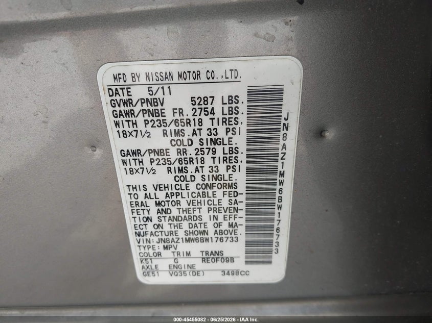 2011 Nissan Murano VIN JN8AZ1MW6BW176733 IAAI salvage auction — FRONT END, Mv-907A (New York), sold $300 on 2026-07-14 (photo 9)