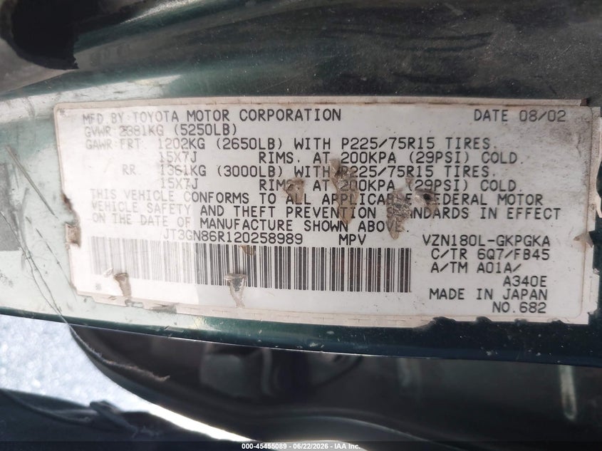 2002 Toyota 4runner VIN JT3GN86R120258989 IAAI salvage auction — NORMAL WEAR, Clear (Florida), sold $750 on 2026-07-16 (photo 9)