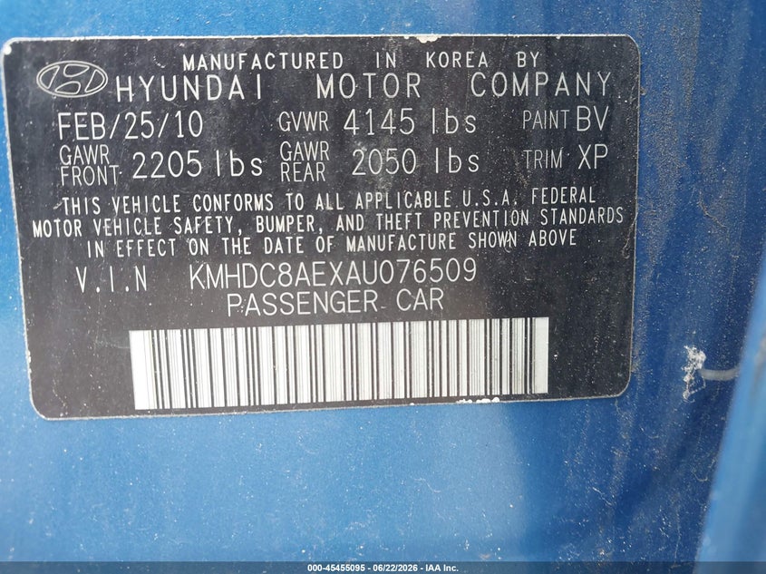2010 Hyundai Elantra VIN KMHDC8AEXAU076509 IAAI salvage auction — NORMAL WEAR, Clear (Pennsylvania), sold $350 on 2026-07-21 (photo 9)