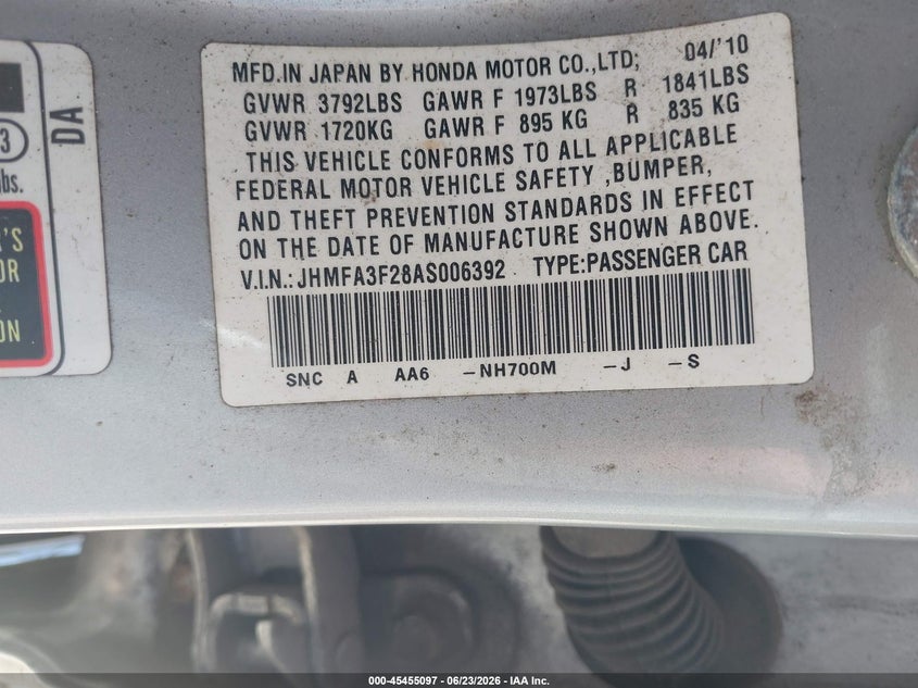 2010 Honda Civic hybrid VIN JHMFA3F28AS006392 IAAI salvage auction — FRONT END, Salvage (Ohio), sold $300 on 2026-07-22 (photo 9)