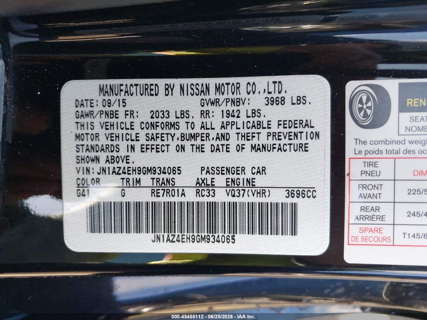 2016 Nissan 370z VIN JN1AZ4EH9GM934065 IAAI salvage auction — FRONT END, Original (Texas), sold $8,550 on 2026-08-13 (photo 9)