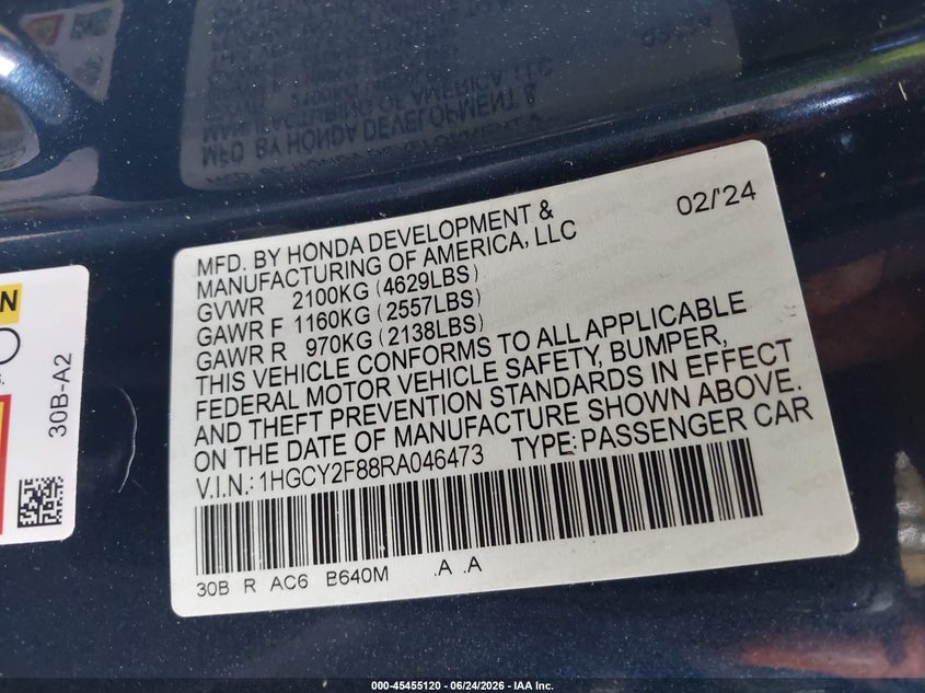 2024 Honda Accord VIN 1HGCY2F88RA046473 IAAI salvage auction — REAR END, Salvage (Indiana), sold $11,700 on 2026-07-31 (photo 9)