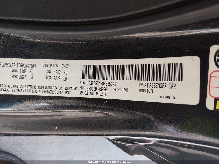 2008 Chrysler Sebring VIN 1C3LC65MX8N635376 IAAI salvage auction — WATER/FLOOD, Salvage (Texas), sold $250 on 2026-07-10 (photo 9)