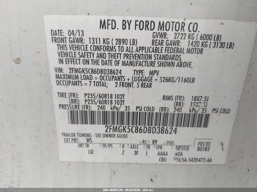 2013 Ford Flex VIN 2FMGK5C86DBD38624 IAAI salvage auction — NORMAL WEAR, Clear-Endorsement (Wisconsin), sold $350 on 2026-07-09 (photo 9)