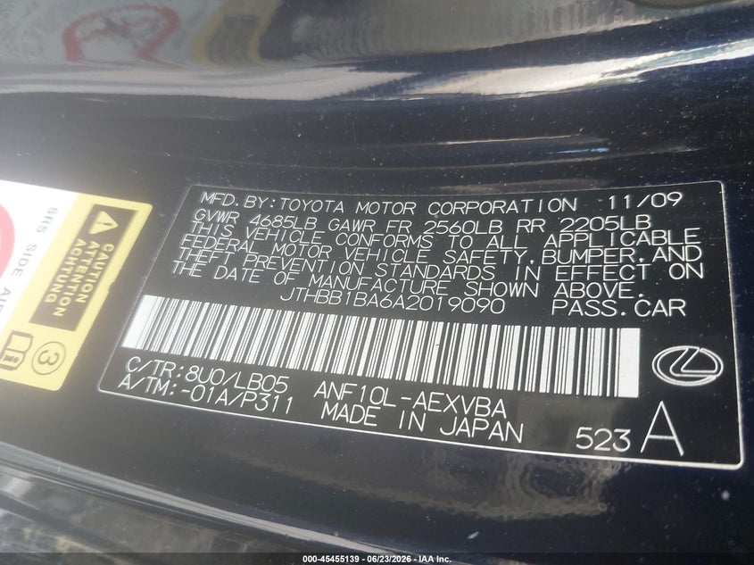 2010 Lexus Hs 250h VIN JTHBB1BA6A2019090 IAAI salvage auction — NORMAL WEAR, Clear (Georgia), sold $1,500 on 2026-07-29 (photo 9)