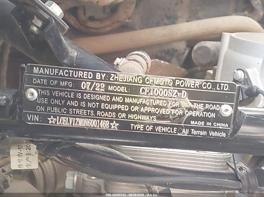 2022 Cfmoto VIN LCELV1ZM0N6001468 IAAI salvage auction — SIDE, Bill Of Sale (New York), sold $2,150 on 2026-07-21 (photo 9)