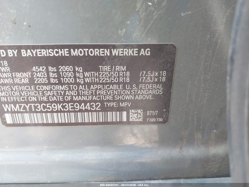 2019 Mini Countryman VIN WMZYT3C59K3E94432 IAAI salvage auction — FRONT END, Salvage Title, sold $1,400 on 2026-07-23 (photo 9)