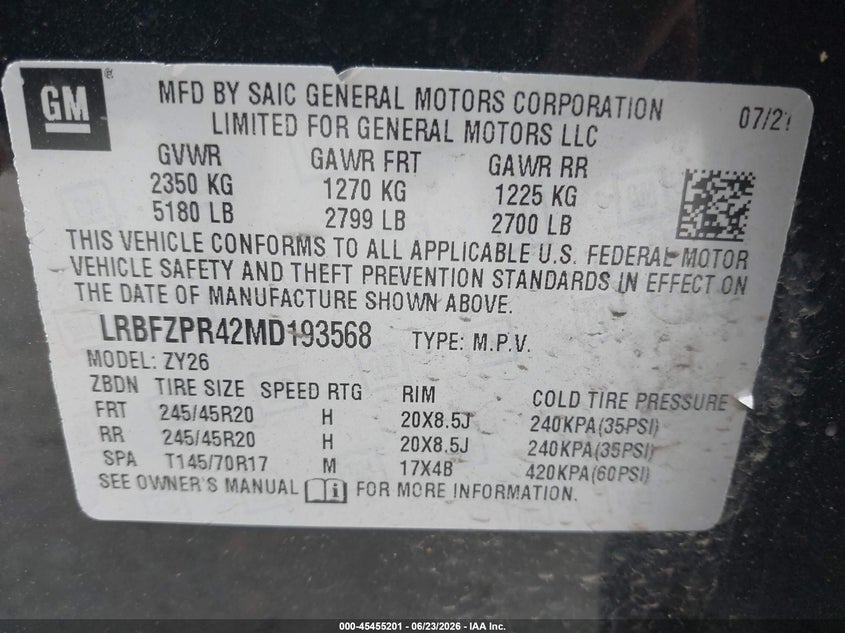 2021 Buick Envision VIN LRBFZPR42MD193568 IAAI salvage auction — RIGHT FRONT, Wait Title, sold $4,800 on 2026-09-05 (photo 9)