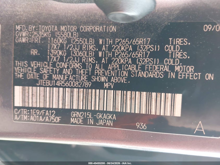 2006 Toyota 4runner VIN JTEBU14R560082789 IAAI salvage auction — NORMAL WEAR, Clear (Massachusetts), sold $3,200 on 2026-07-17 (photo 9)