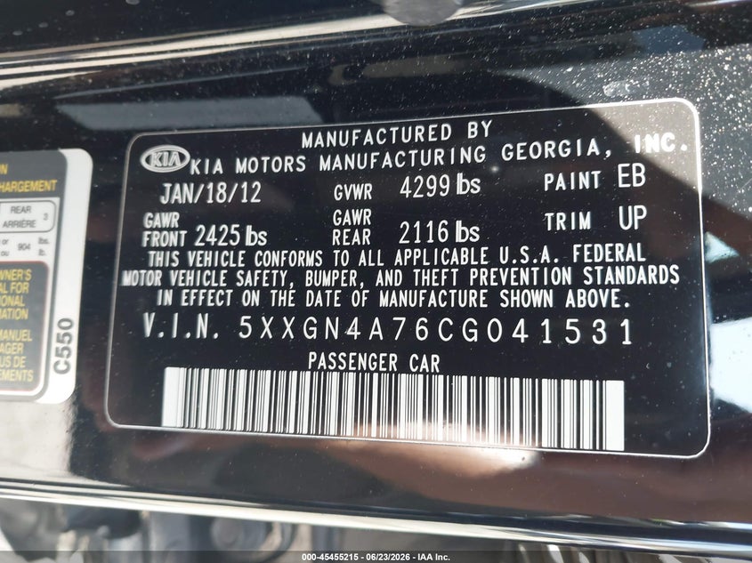 2012 Kia Optima VIN 5XXGN4A76CG041531 IAAI salvage auction — RIGHT REAR, Salvage (California), sold $1,675 on 2026-07-07 (photo 9)