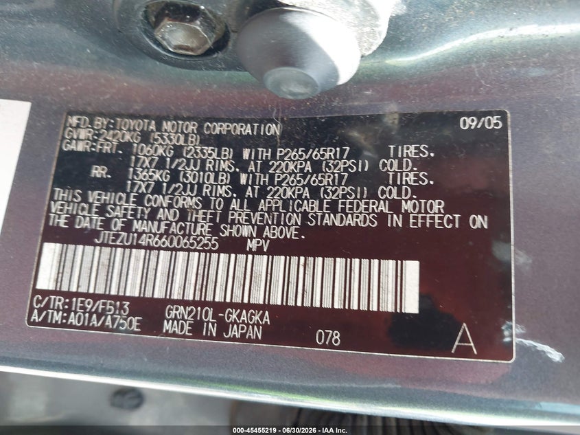 2006 Toyota 4runner VIN JTEZU14R660065255 IAAI salvage auction — FRONT END, Salvage (Mississippi), sold $125 on 2026-07-29 (photo 9)