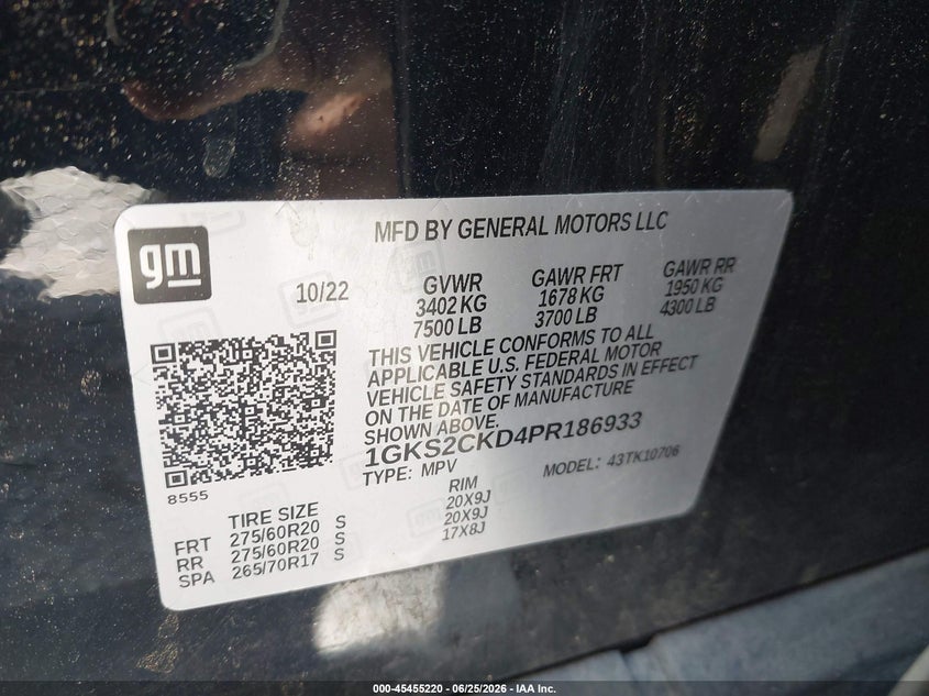 2023 Gmc Yukon VIN 1GKS2CKD4PR186933 IAAI salvage auction — FRONT & REAR, Salvage (Virginia), sold $11,950 on 2026-07-28 (photo 9)