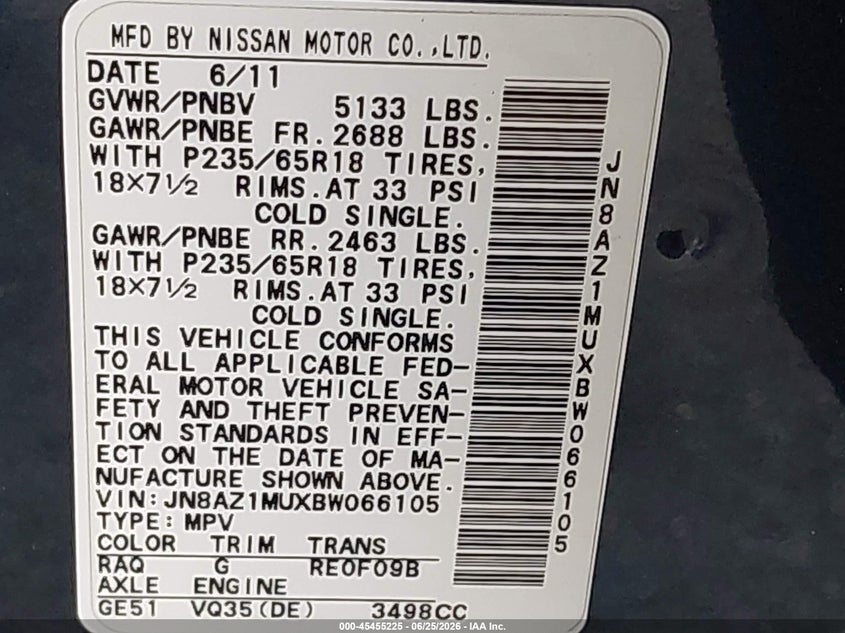 2011 Nissan Murano VIN JN8AZ1MUXBW066105 IAAI salvage auction — NORMAL WEAR, Original (Texas), sold $550 on 2026-07-07 (photo 9)