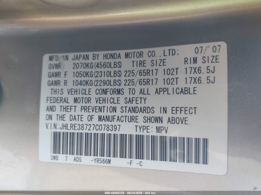 2007 Honda Cr-v VIN JHLRE38727C078397 IAAI salvage auction — FRONT & REAR, Salvage (Ohio), sold $500 on 2026-07-15 (photo 9)