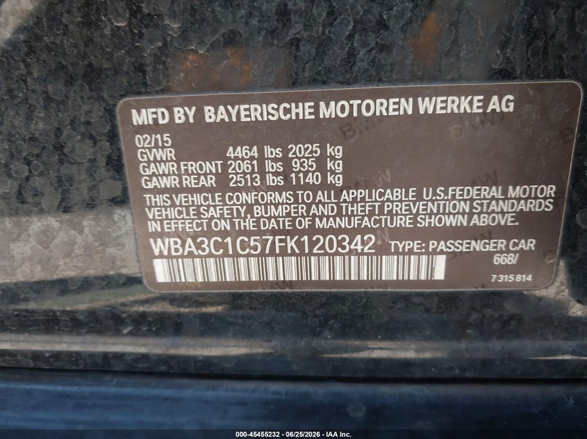 2015 BMW 3er VIN WBA3C1C57FK120342 IAAI salvage auction — FRONT END, Salvage (California), sold $1,425 on 2026-07-13 (photo 9)