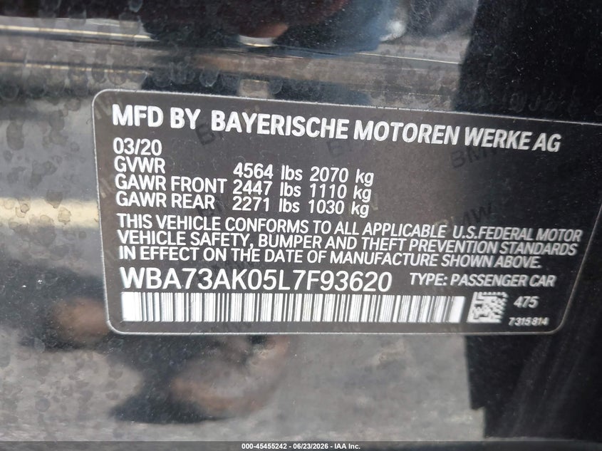 2020 BMW 2er VIN WBA73AK05L7F93620 IAAI salvage auction — FRONT END, Certificate Of Destruction (Florida), sold $3,000 on 2026-07-30 (photo 9)