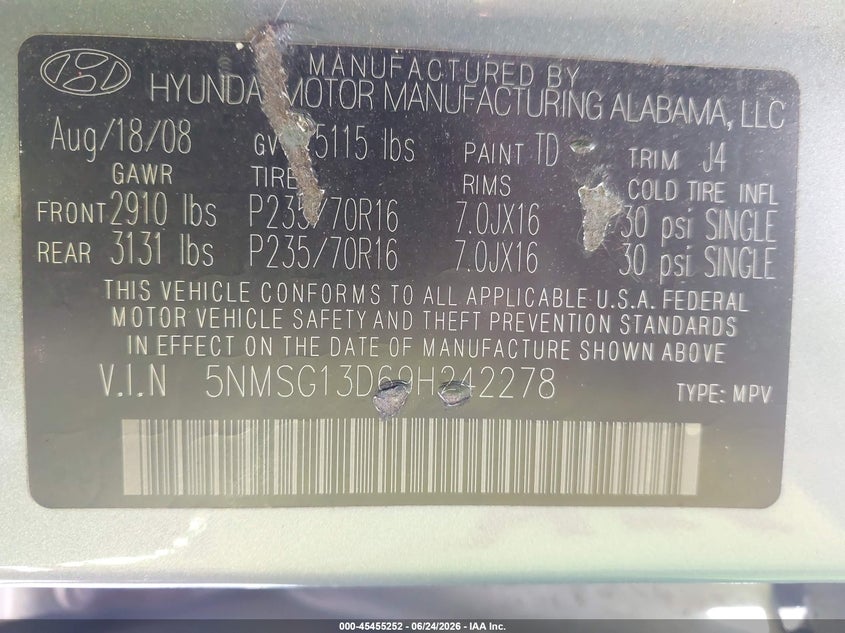 2009 Hyundai Santa fe VIN 5NMSG13D69H242278 IAAI salvage auction — NORMAL WEAR, Clear (Maryland), sold $1,200 on 2026-07-10 (photo 9)