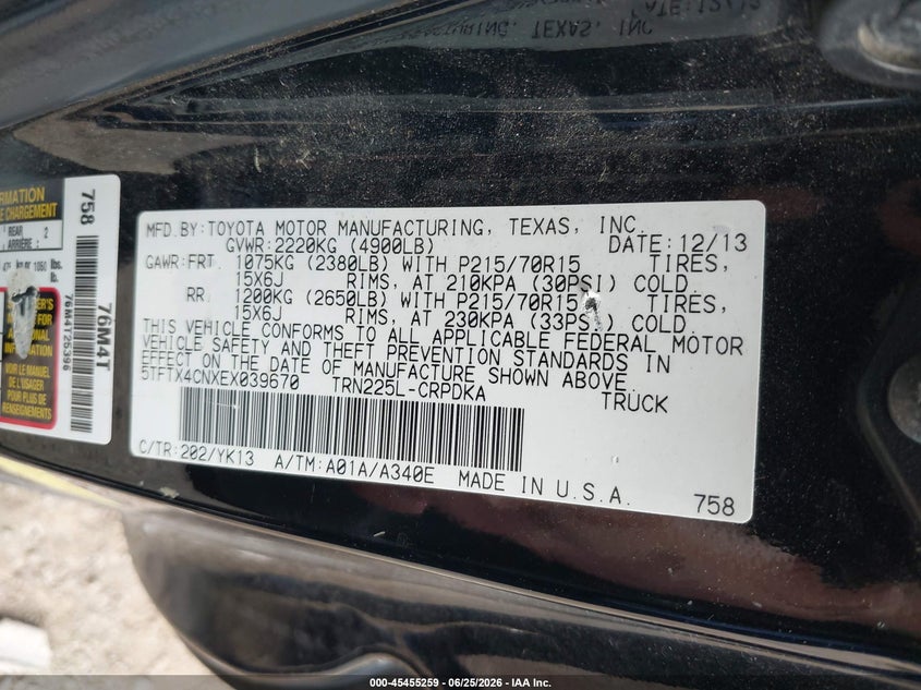 2014 Toyota Tacoma VIN 5TFTX4CNXEX039670 IAAI salvage auction — FRONT END, Salvage (Virginia), sold $4,975 on 2026-07-28 (photo 9)