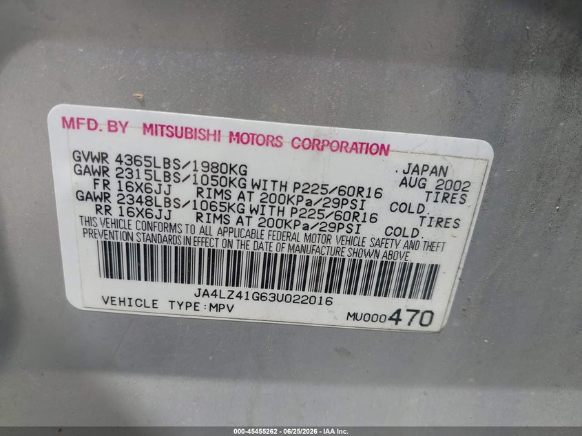 2003 Mitsubishi Outlander VIN JA4LZ41G63U022016 IAAI salvage auction — NORMAL WEAR, Clear (Missouri), sold $250 on 2026-07-07 (photo 9)