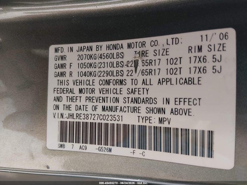 2007 Honda Cr-v VIN JHLRE38727C023531 IAAI salvage auction — LEFT FRONT, Salvage (California), sold $25 on 2026-07-17 (photo 9)