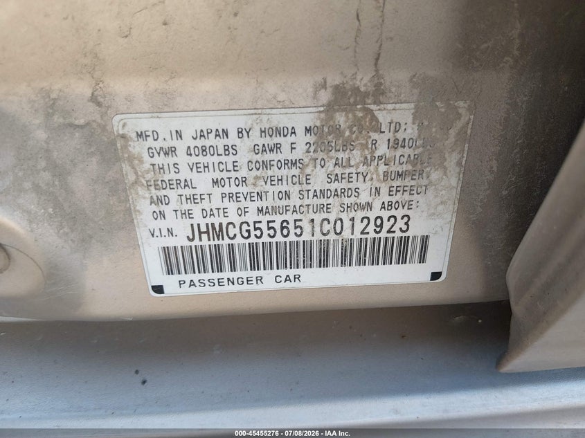 2001 Honda Accord VIN JHMCG55651C012923 IAAI salvage auction — LEFT SIDE, Clear (Arkansas), sold $450 on 2026-08-01 (photo 9)